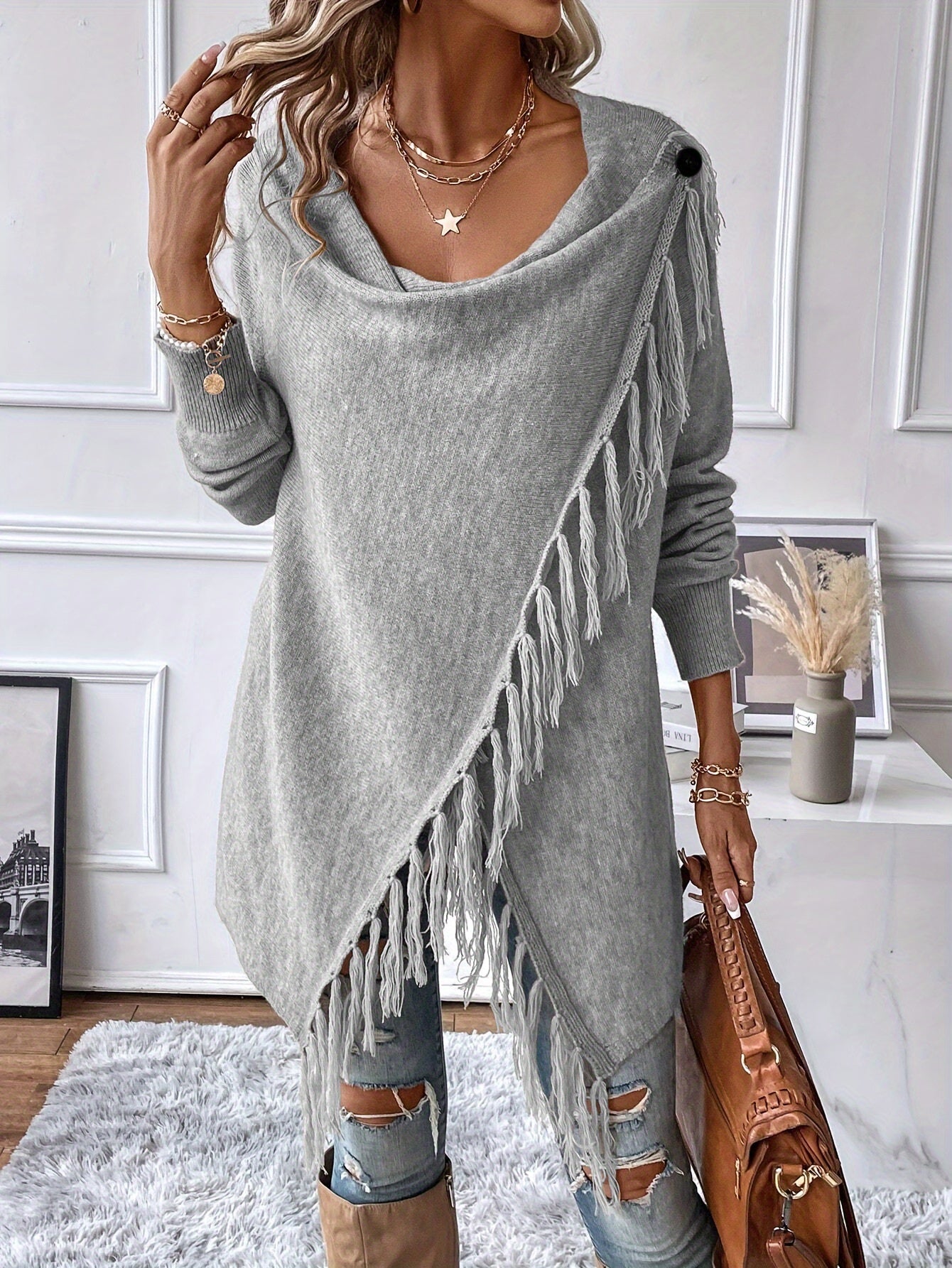 « LS-SHOP 🍂 Cardigan Femme Marron Élégant – Châle à Franges et Ourlet Volanté, Confortable Automne/Hiver | Style Casual & Cozy | ls-shop-cardigan-franges »