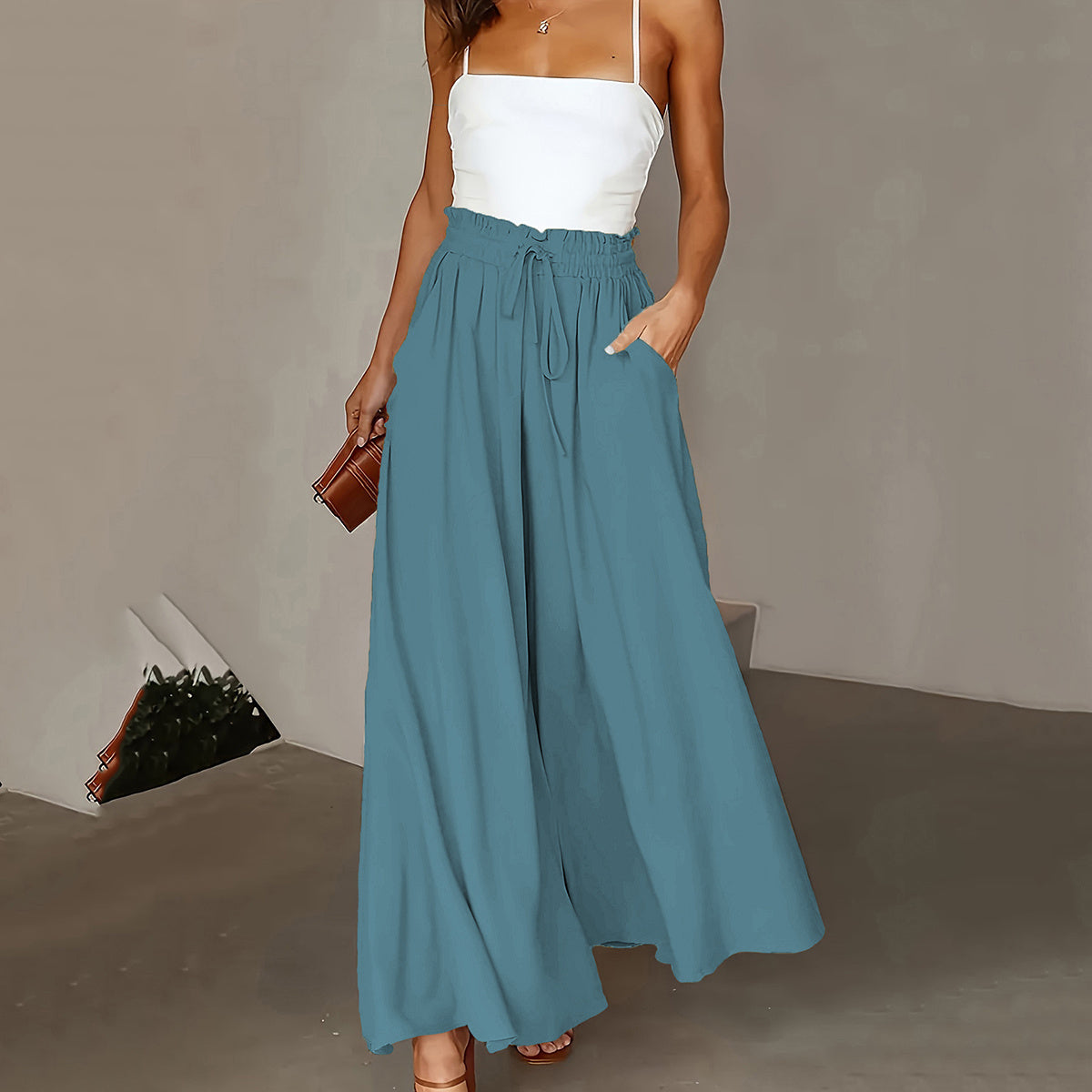"Pantalon Femme Grande Taille – Taille Paper Bag, Jambe Large, Ceinture à Nouer, Poches, Look Élégant