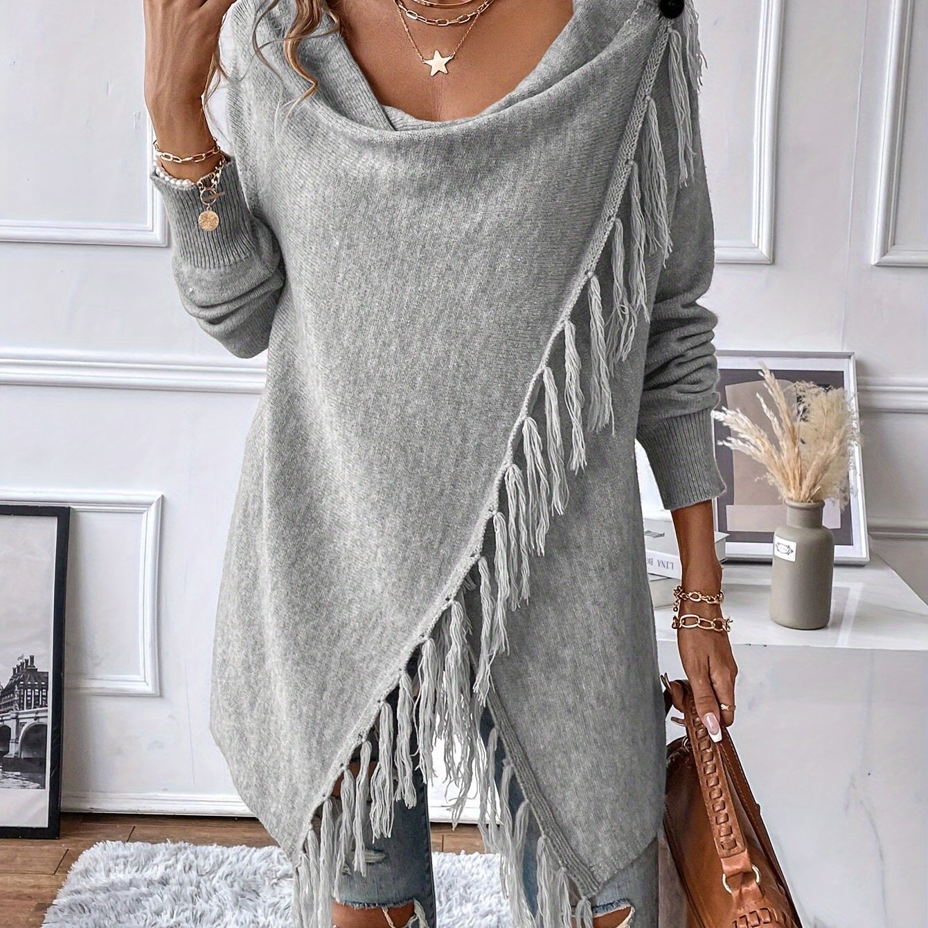 « LS-SHOP 🍂 Cardigan Femme Marron Élégant – Châle à Franges et Ourlet Volanté, Confortable Automne/Hiver | Style Casual & Cozy | ls-shop-cardigan-franges »