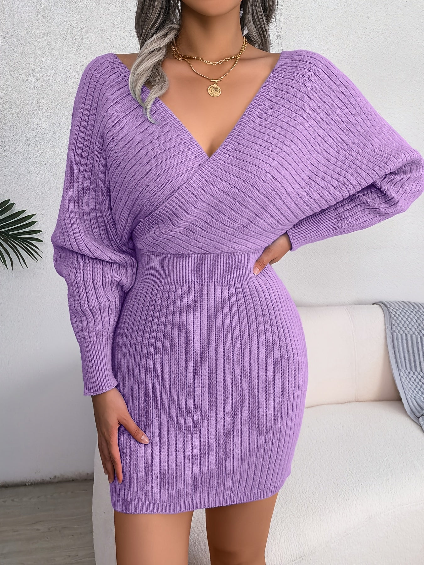 LS SHOP – Robe Pull Bodycon Sexy à Décolleté Croisé et Manches Chauve-Souris