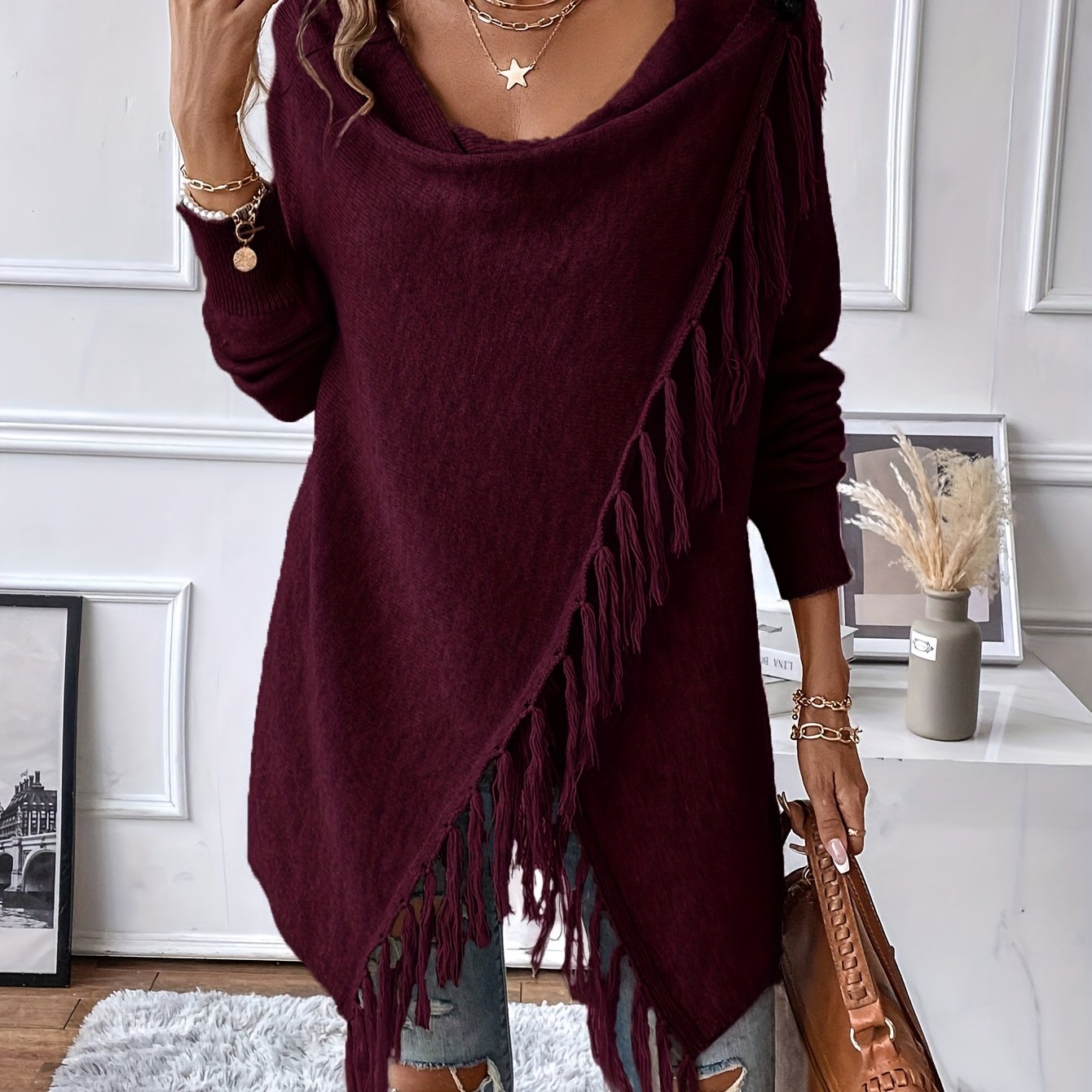 « LS-SHOP 🍂 Cardigan Femme Marron Élégant – Châle à Franges et Ourlet Volanté, Confortable Automne/Hiver | Style Casual & Cozy | ls-shop-cardigan-franges »