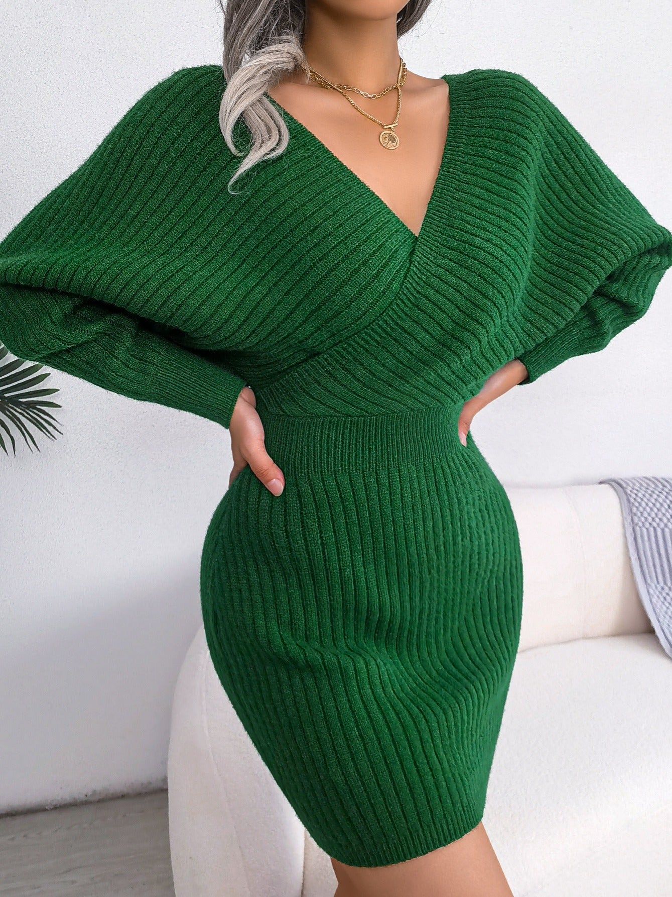LS SHOP – Robe Pull Bodycon Sexy à Décolleté Croisé et Manches Chauve-Souris