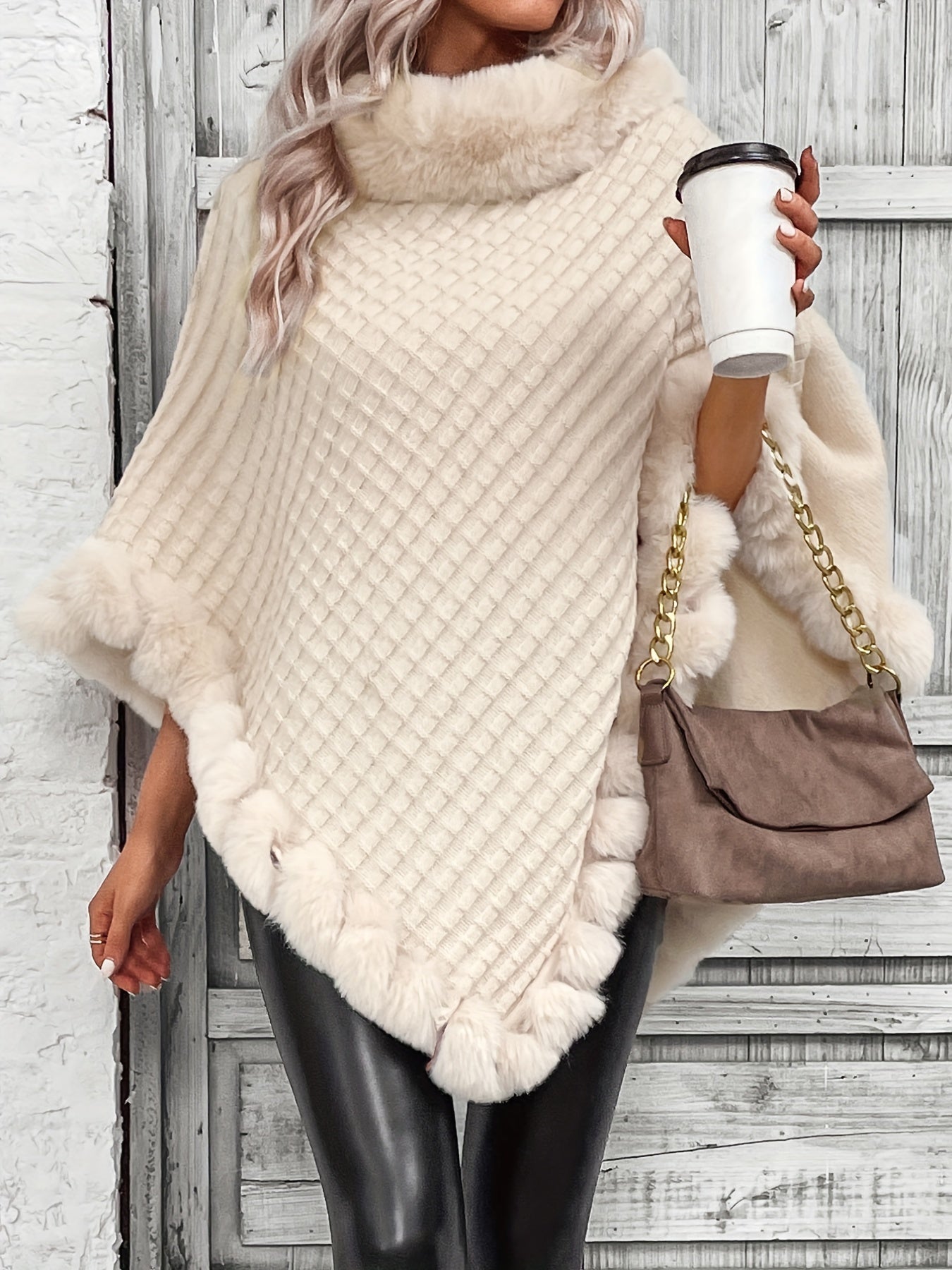 « LS-SHOP 🍁 Cape-Cardigan Femme Oversize – Col Fausse Fourrure, Ourlet Volanté, Marron & Gris | Cozy Automne/Hiver | ls-shop-cape-cardigan »