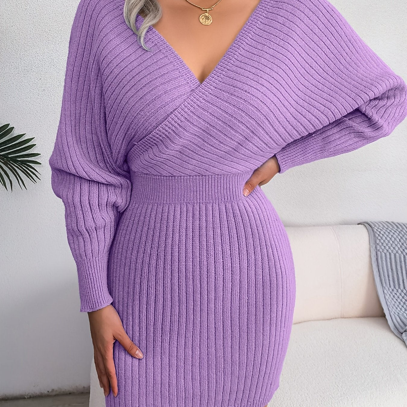 LS SHOP – Robe Pull Bodycon Sexy à Décolleté Croisé et Manches Chauve-Souris