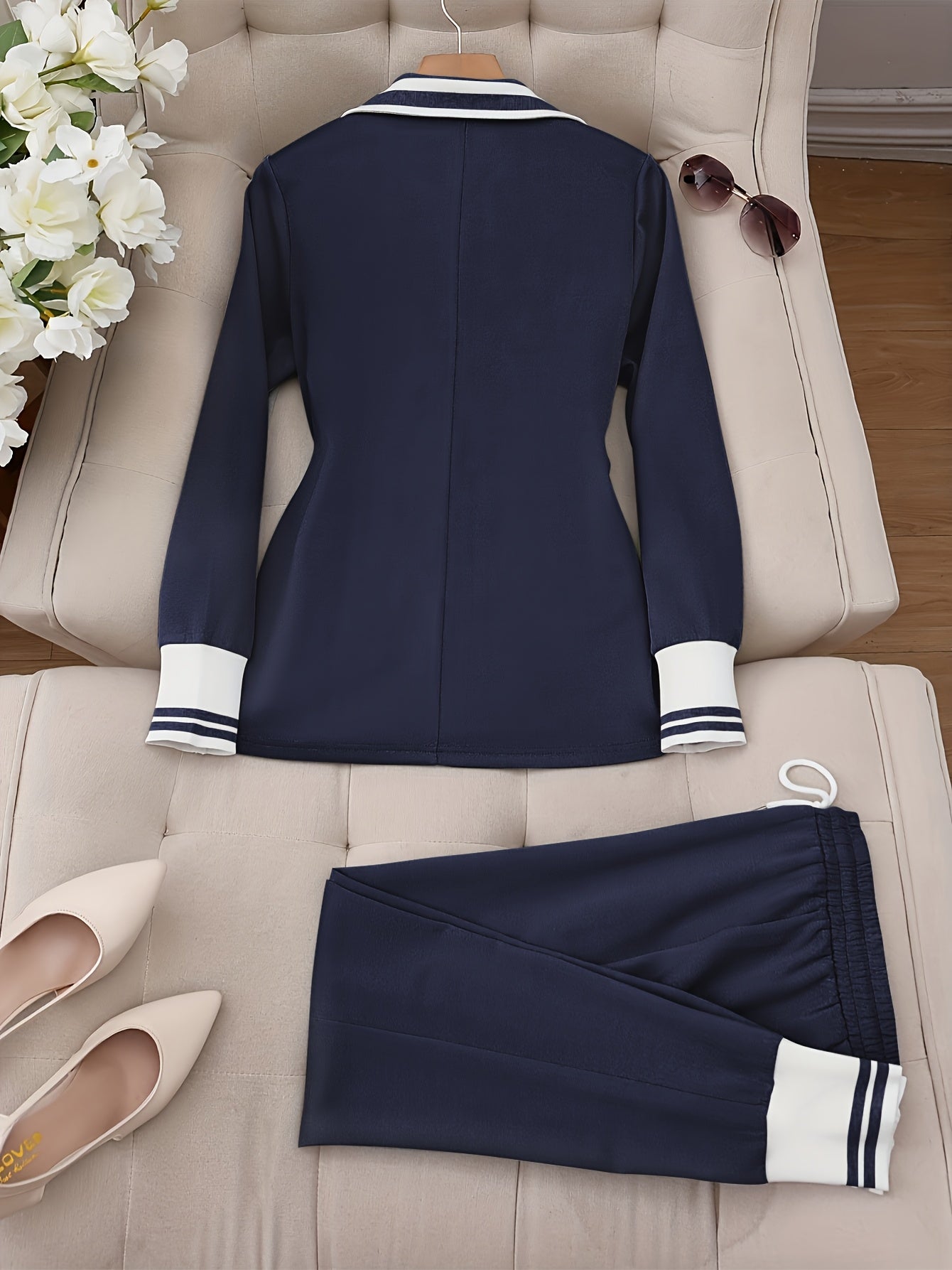 LS SHOP – Ensemble Blazer et Pantalon Beige Élégant | Col Revers, Manches Longues et Poches