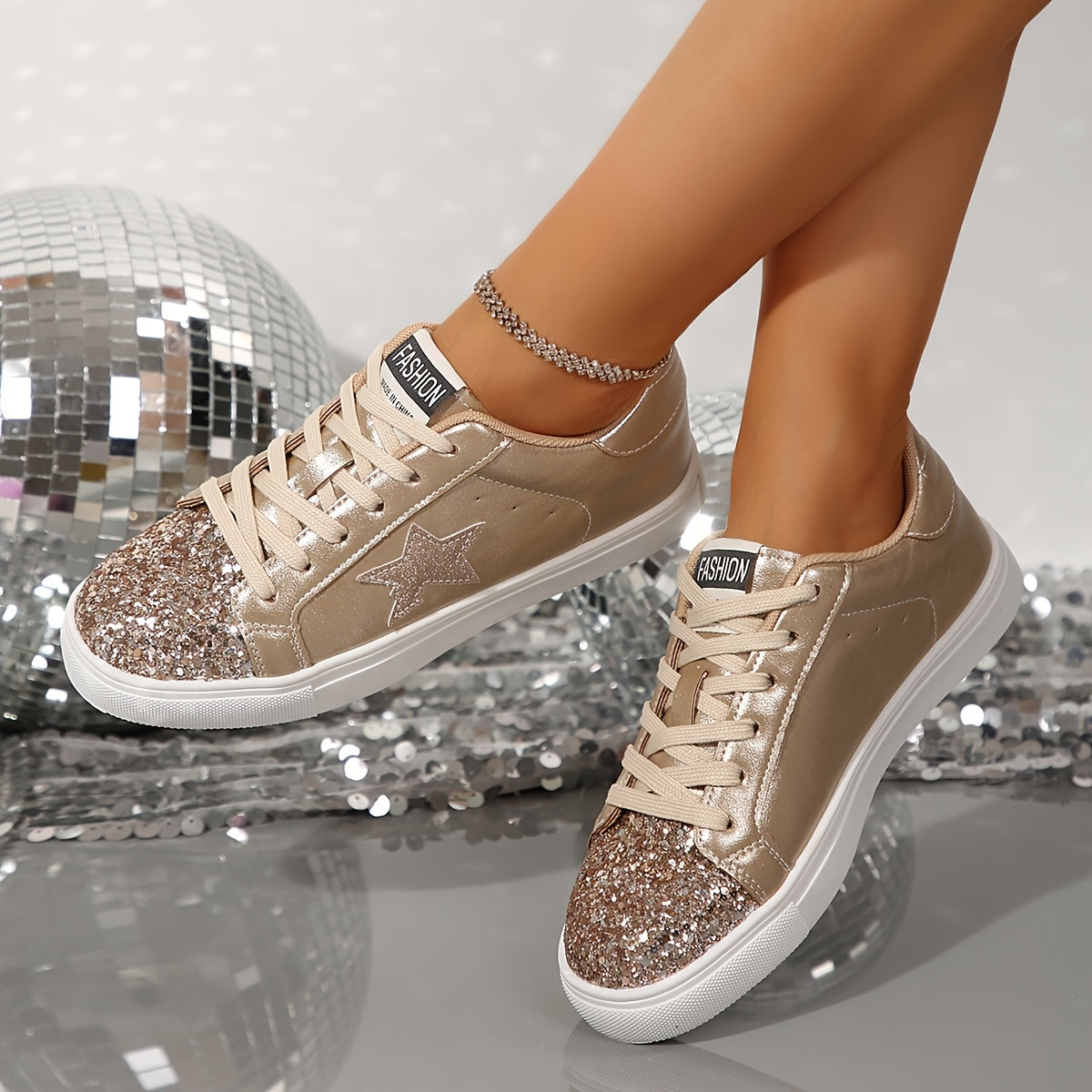 👟 LS SHOP – Baskets Pailletées Dorées pour Femme – Confortables & Stylées ✨