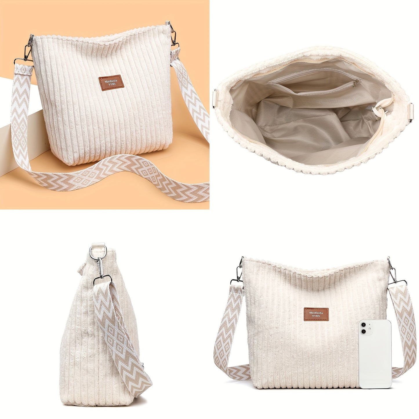 LS SHOP – Sac Bandoulière Femme en Velours Côtelé « Perfect Lily » | Blanc Élégant avec Bandoulière Réglable