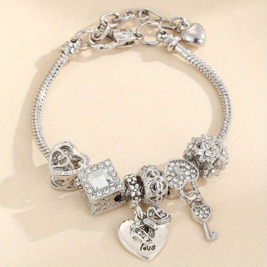 « LS-SHOP ✨ Bracelet Femme Cœur & Clé en Acier Inoxydable – Strass Éblouissants, Bijou Chic Quotidien | Idée Cadeau Fête des Mères ou Look Casual | ls-shop-bracelet-femme »