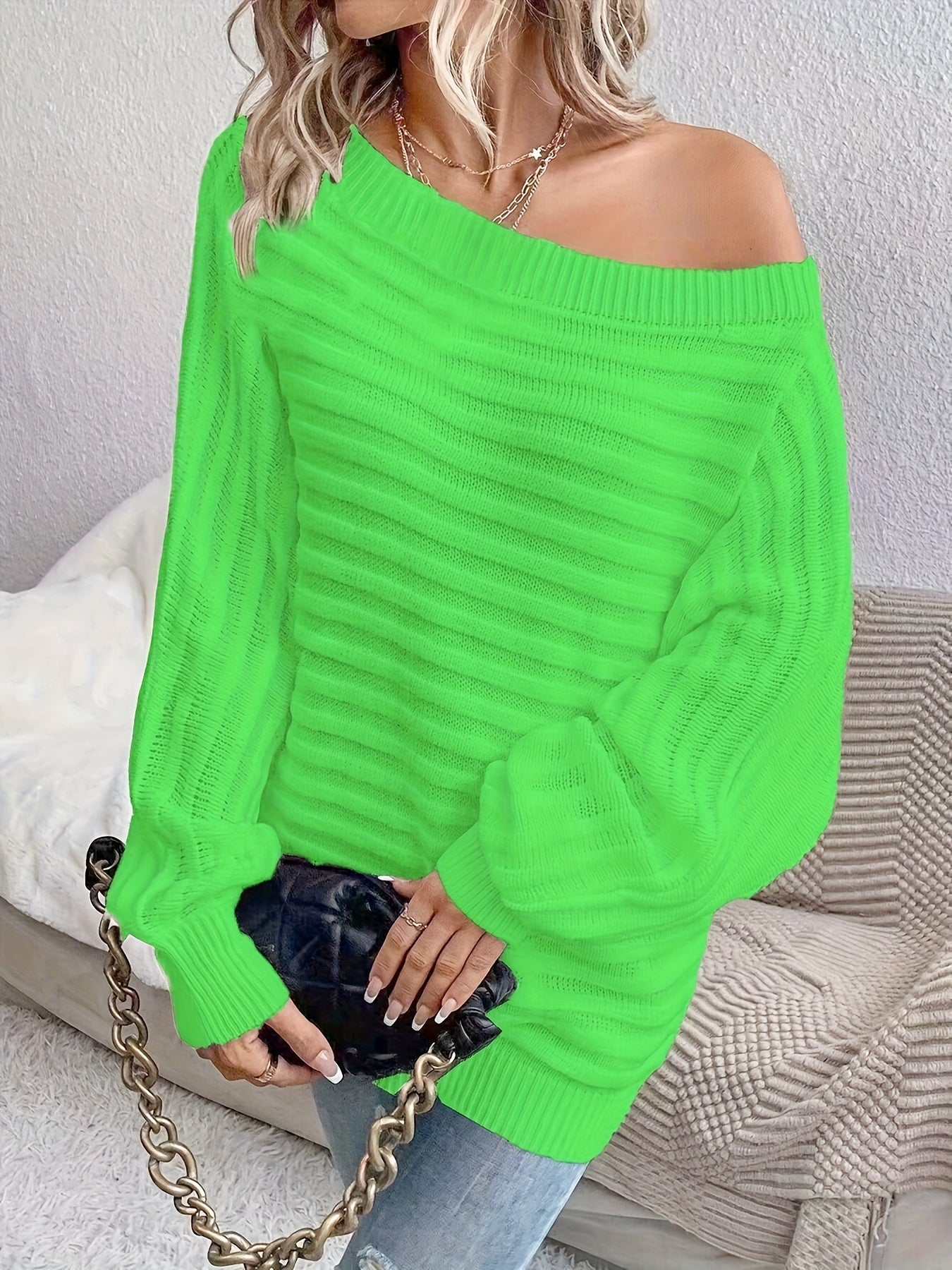 « LS-SHOP ✨ Pull Épaules Dénudées Femme – Chic, Couleur Unie, Pull Confortable en Acrylique à Manches Lanternes | ls-shop-pull-femme-chic »leeves, Casual & Stylish, Perfect for Fall/Winter - Hand Washable