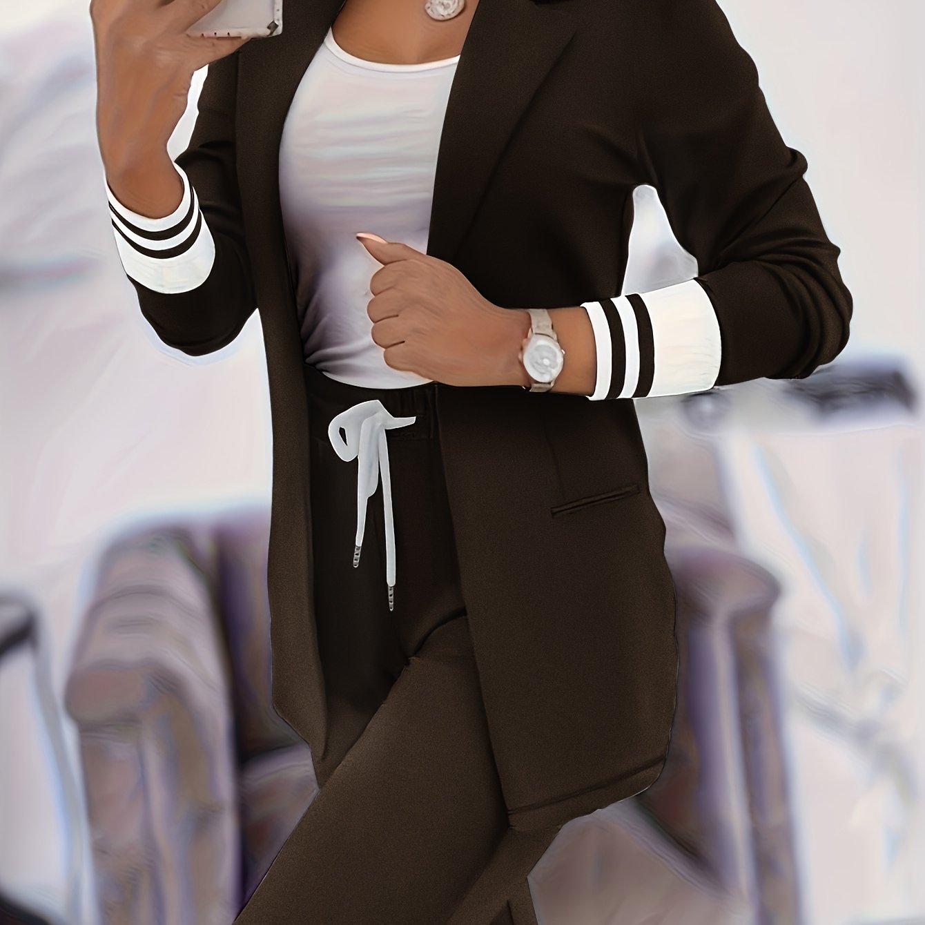 LS SHOP – Ensemble Blazer et Pantalon Beige Élégant | Col Revers, Manches Longues et Poches