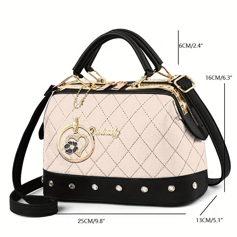 LS SHOP – Sac Boston Matelassé Noir | Bandoulière Réglable, Détail Strass et Clous Dorés