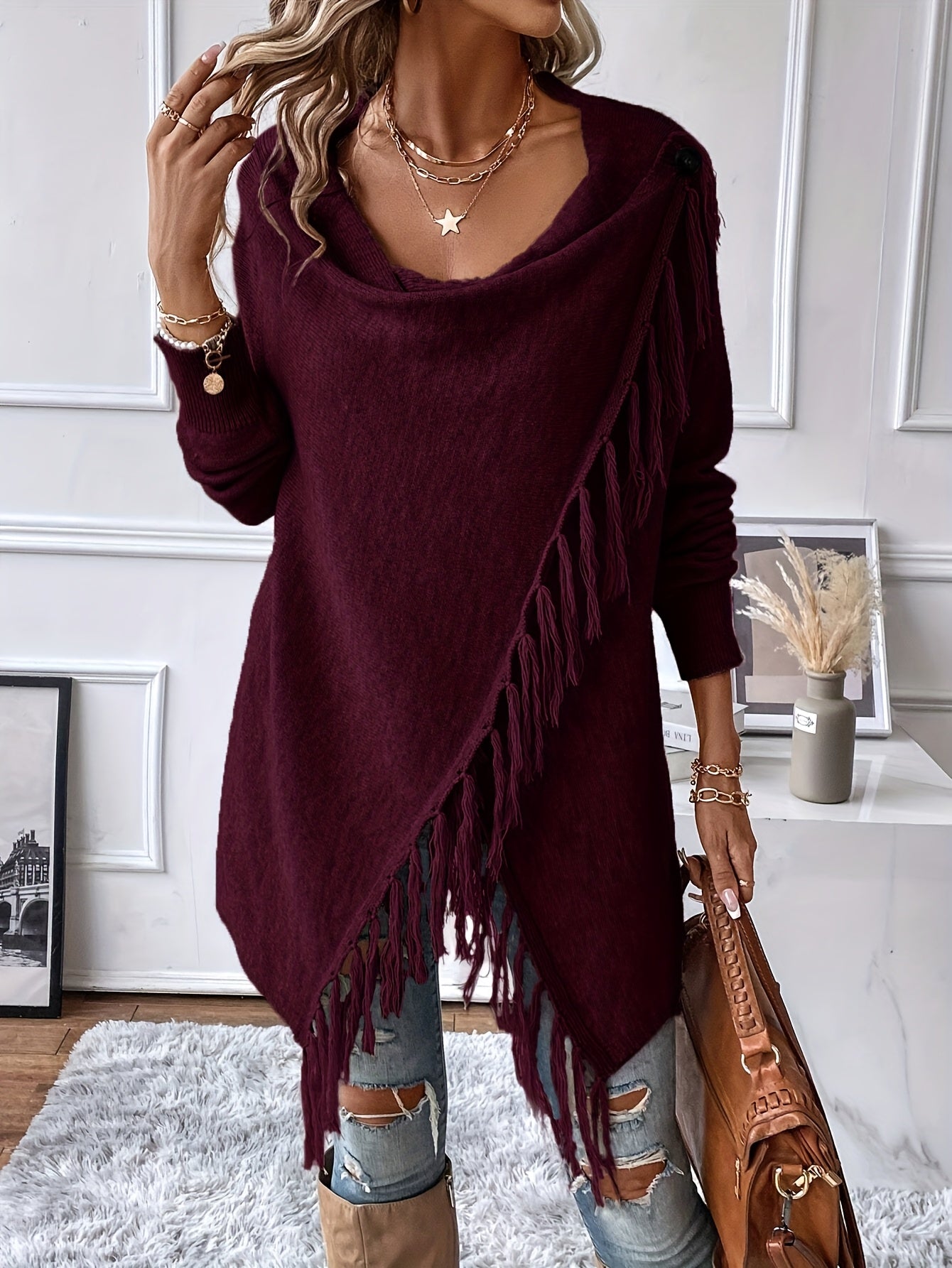 « LS-SHOP 🍂 Cardigan Femme Marron Élégant – Châle à Franges et Ourlet Volanté, Confortable Automne/Hiver | Style Casual & Cozy | ls-shop-cardigan-franges »