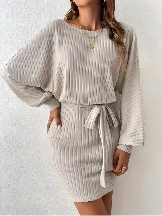 LS SHOP – Robe Pull Décontractée à Col Rond avec Taille Cintrée et Manches Longues