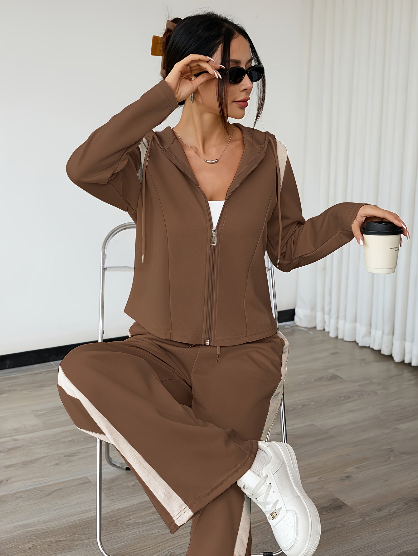 LS SHOP – Ensemble Deux-Pièces Femme Printemps/Automne | Haut à Manches Longues Zippé et Pantalon Droit avec Capuche et Cordons