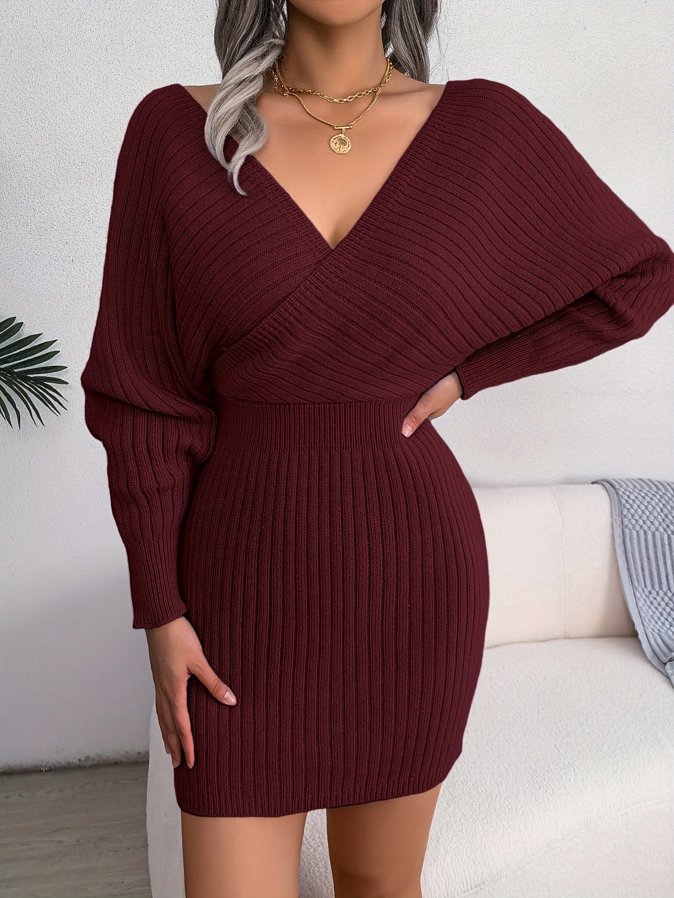 LS SHOP – Robe Pull Bodycon Sexy à Décolleté Croisé et Manches Chauve-Souris