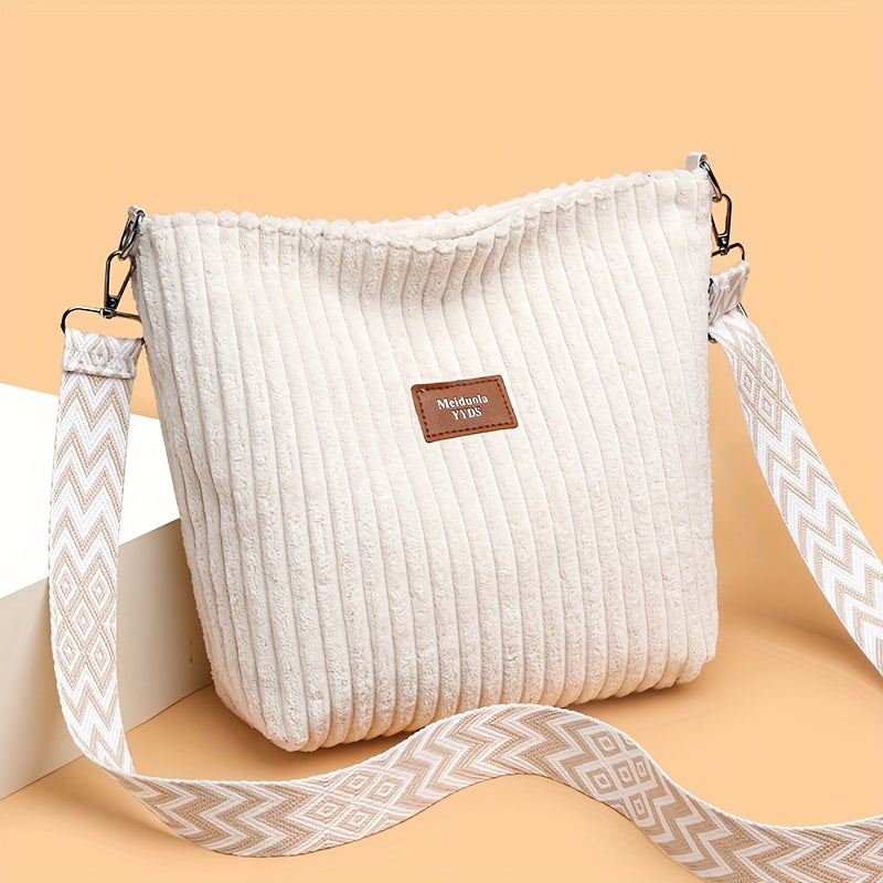LS SHOP – Sac Bandoulière Femme en Velours Côtelé « Perfect Lily » | Blanc Élégant avec Bandoulière Réglable