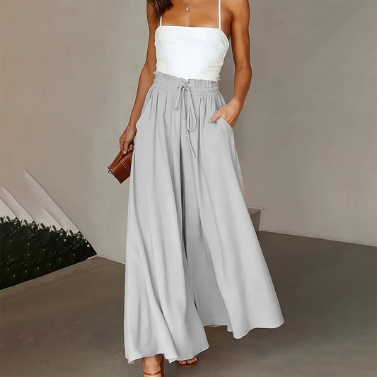 "Pantalon Femme Grande Taille – Taille Paper Bag, Jambe Large, Ceinture à Nouer, Poches, Look Élégant