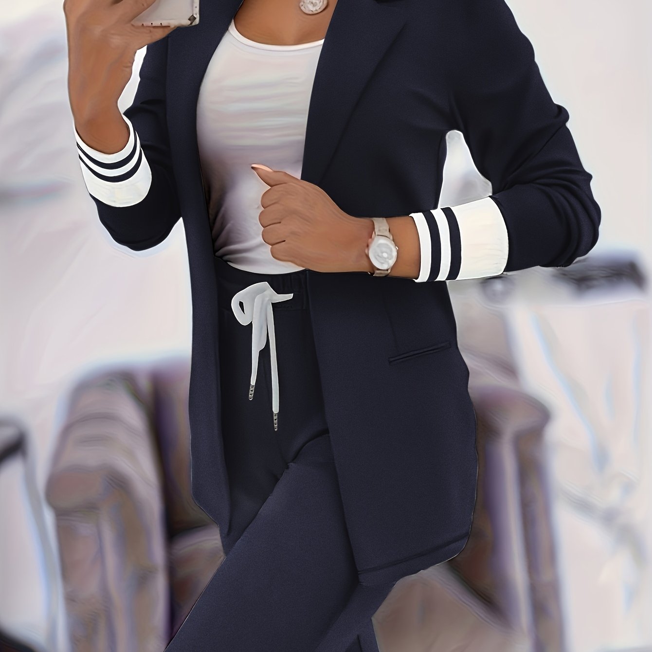 LS SHOP – Ensemble Blazer et Pantalon Beige Élégant | Col Revers, Manches Longues et Poches