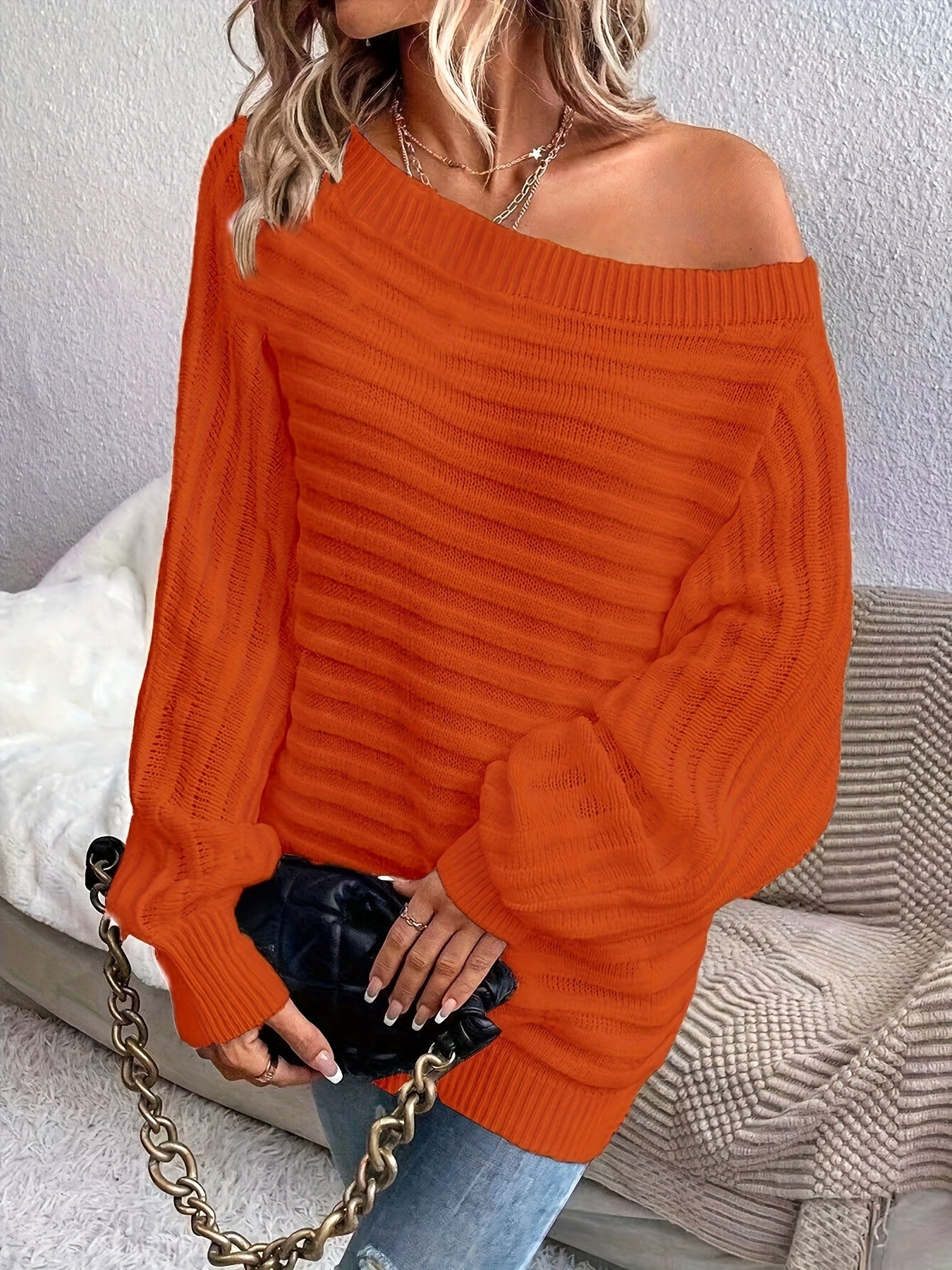 « LS-SHOP ✨ Pull Épaules Dénudées Femme – Chic, Couleur Unie, Pull Confortable en Acrylique à Manches Lanternes | ls-shop-pull-femme-chic »leeves, Casual & Stylish, Perfect for Fall/Winter - Hand Washable