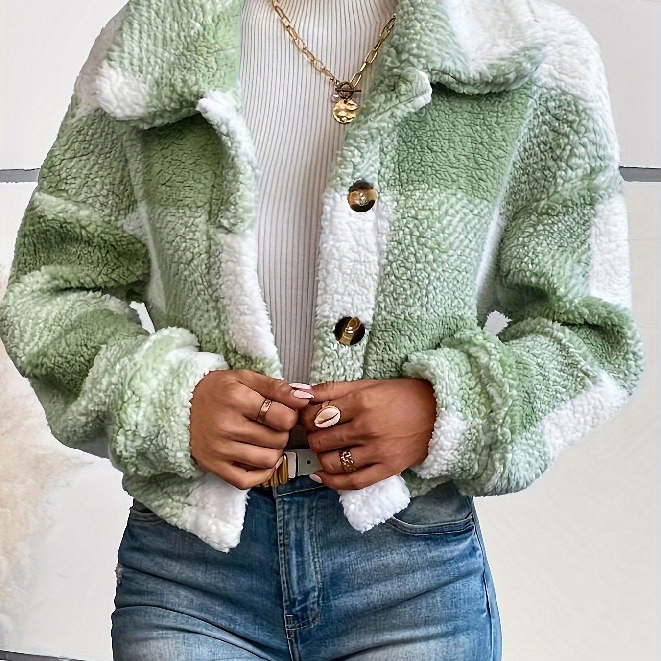 LS SHOP – Manteau Teddy à Carreaux avec Boutons | Veste Longue Hiver Thermique pour Femme