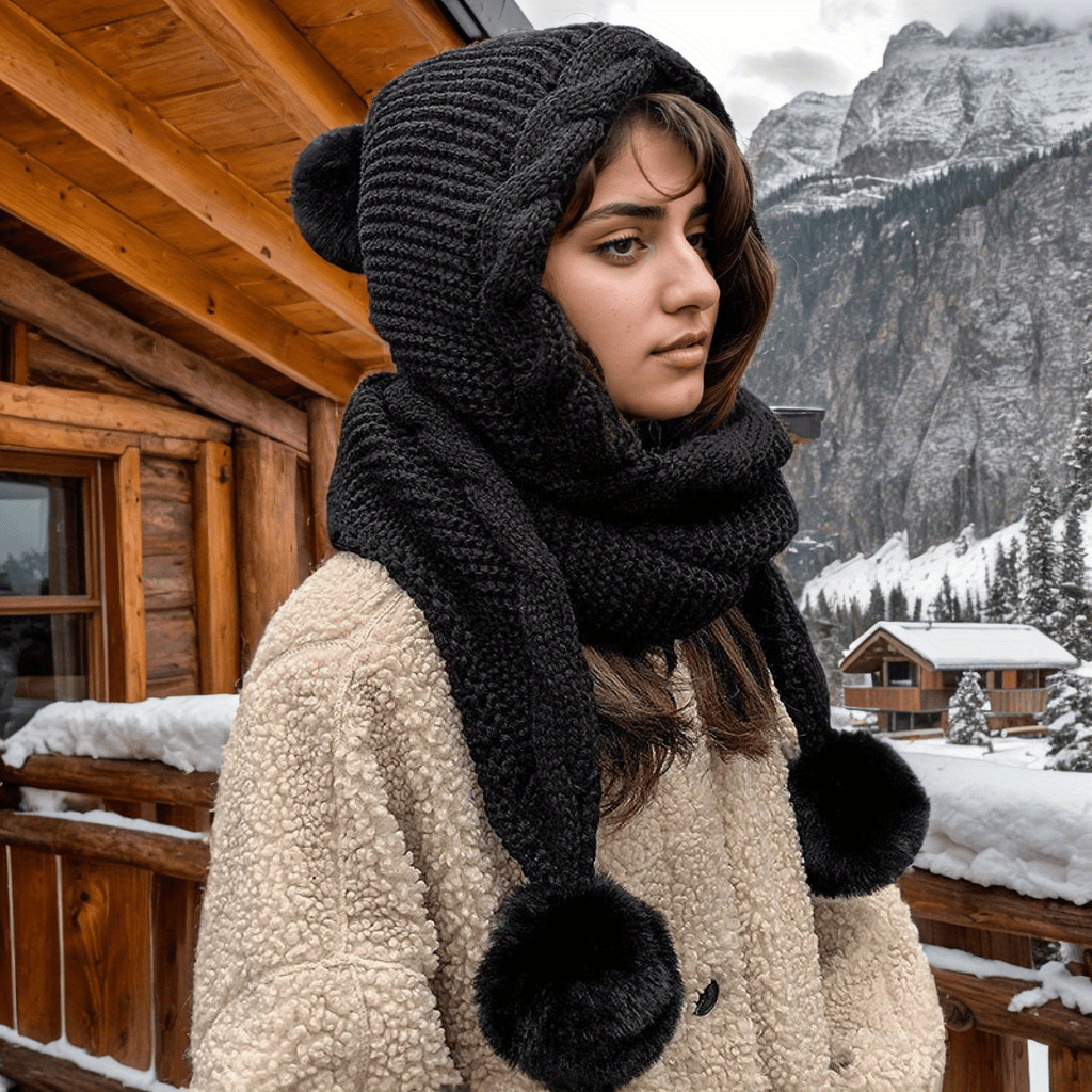 « LS-SHOP ❄️ Bonnet Femme Tricoté avec Écharpe Intégrée & 3 Pompons – Doublure Polaire Chaude, Protection Oreilles Hiver | ls-shop-bonnet-femme »