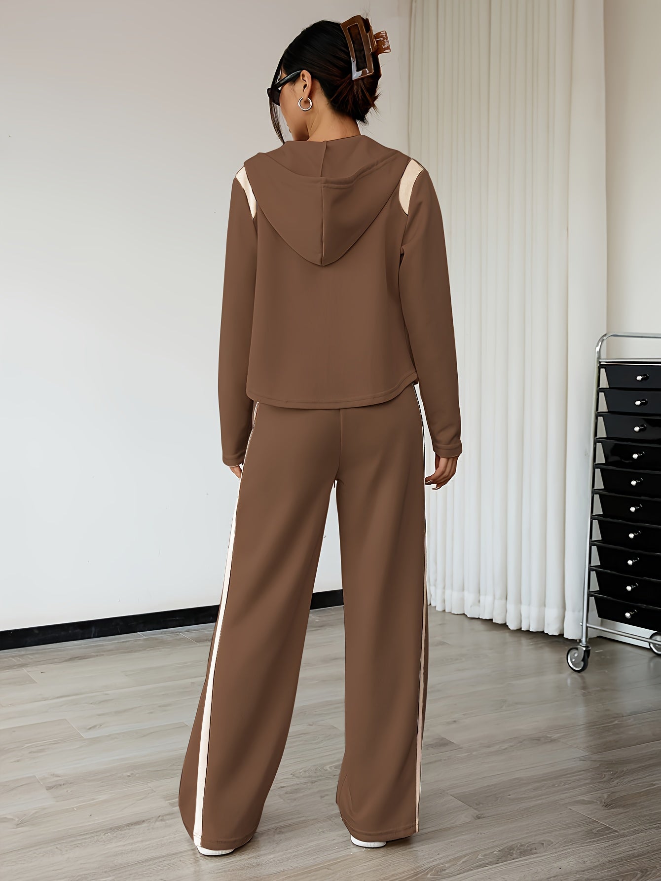 LS SHOP – Ensemble Deux-Pièces Femme Printemps/Automne | Haut à Manches Longues Zippé et Pantalon Droit avec Capuche et Cordons