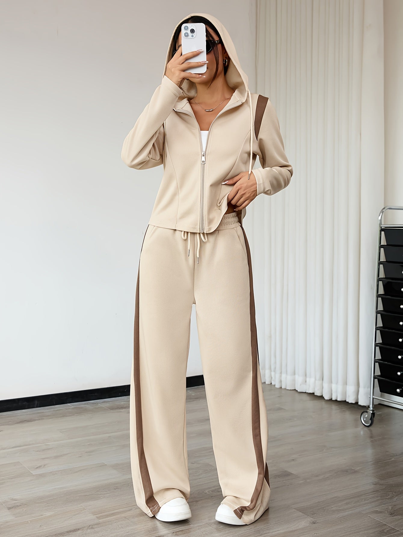 LS SHOP – Ensemble Deux-Pièces Femme Printemps/Automne | Haut à Manches Longues Zippé et Pantalon Droit avec Capuche et Cordons