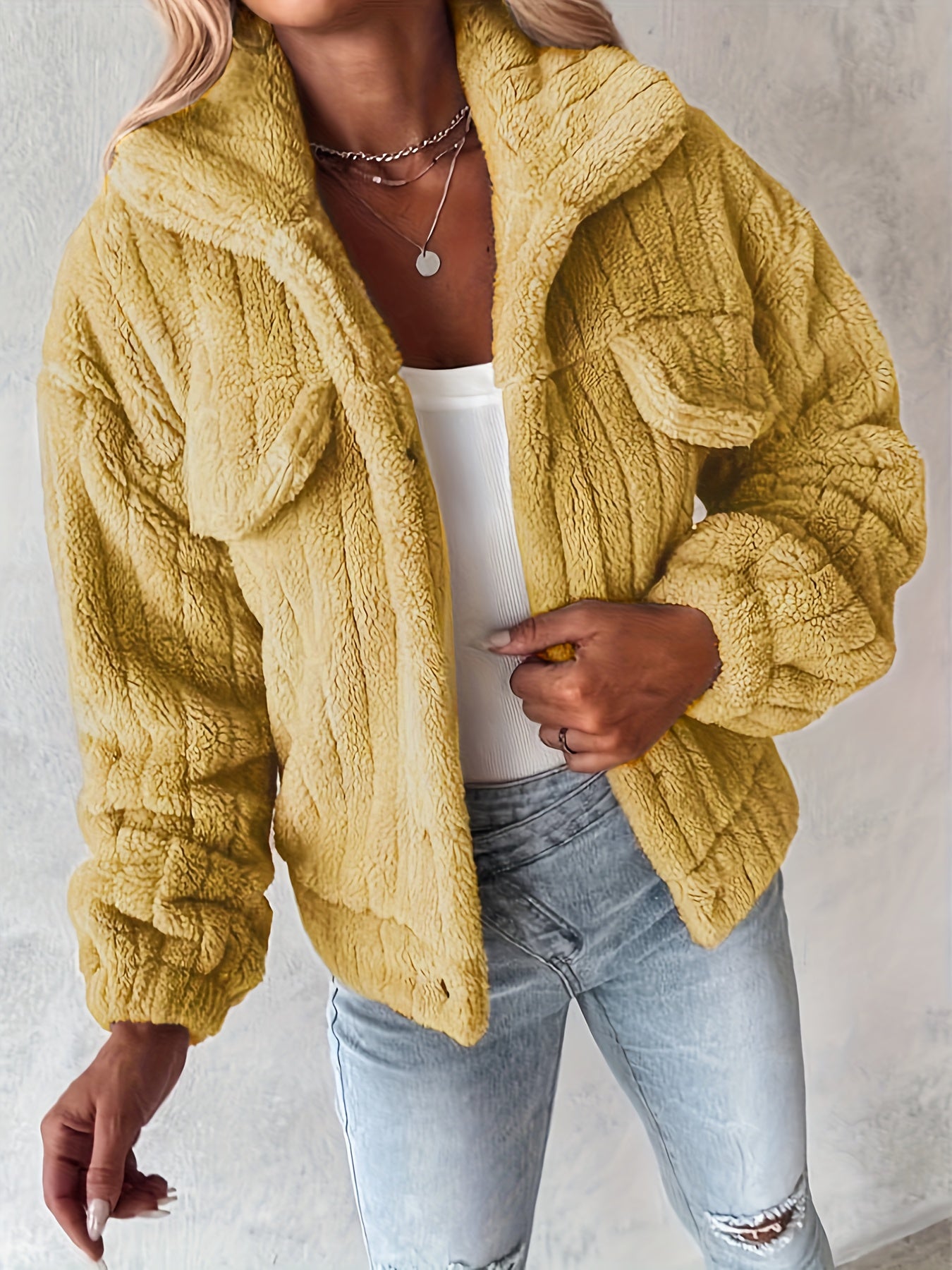 LS SHOP – Veste Teddy Décontractée pour Femme avec Fausses Poches | Polyester Confortable Automne/Hiver
