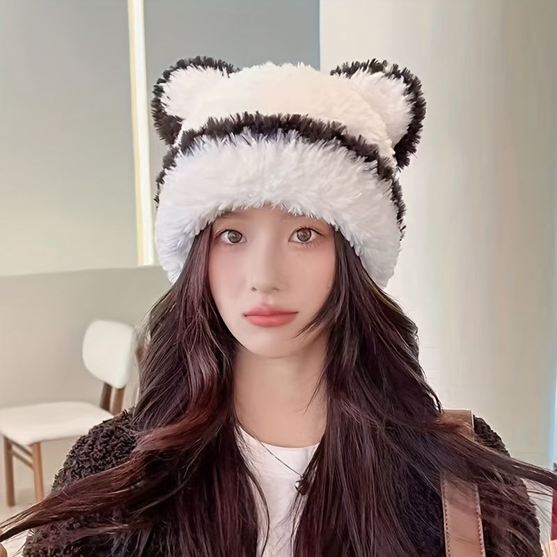 🧸❄️ LS Shop : Bonnet Hiver Femme – Oreilles d’Ours, Doux & Chaud 🖤✨