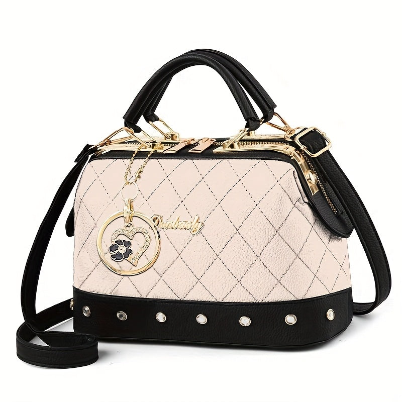 LS SHOP – Sac Boston Matelassé Noir | Bandoulière Réglable, Détail Strass et Clous Dorés
