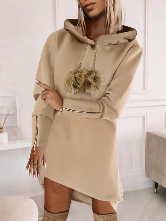 LS SHOP – Robe à Capuche avec Pompons | Mélange Polyester-Spandex, Détail Zippé Automne/Hiver