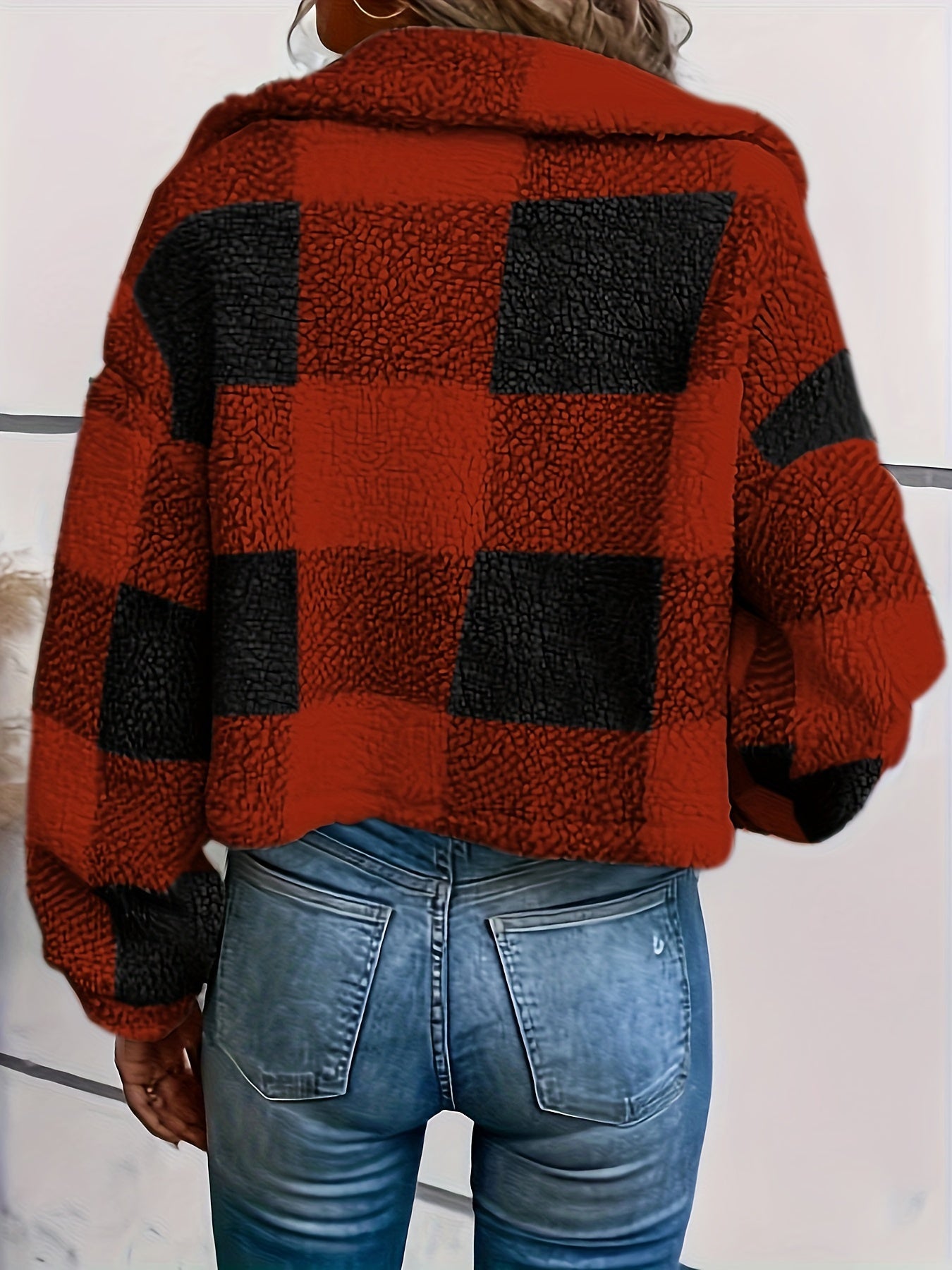 LS SHOP – Manteau Teddy à Carreaux avec Boutons | Veste Longue Hiver Thermique pour Femme