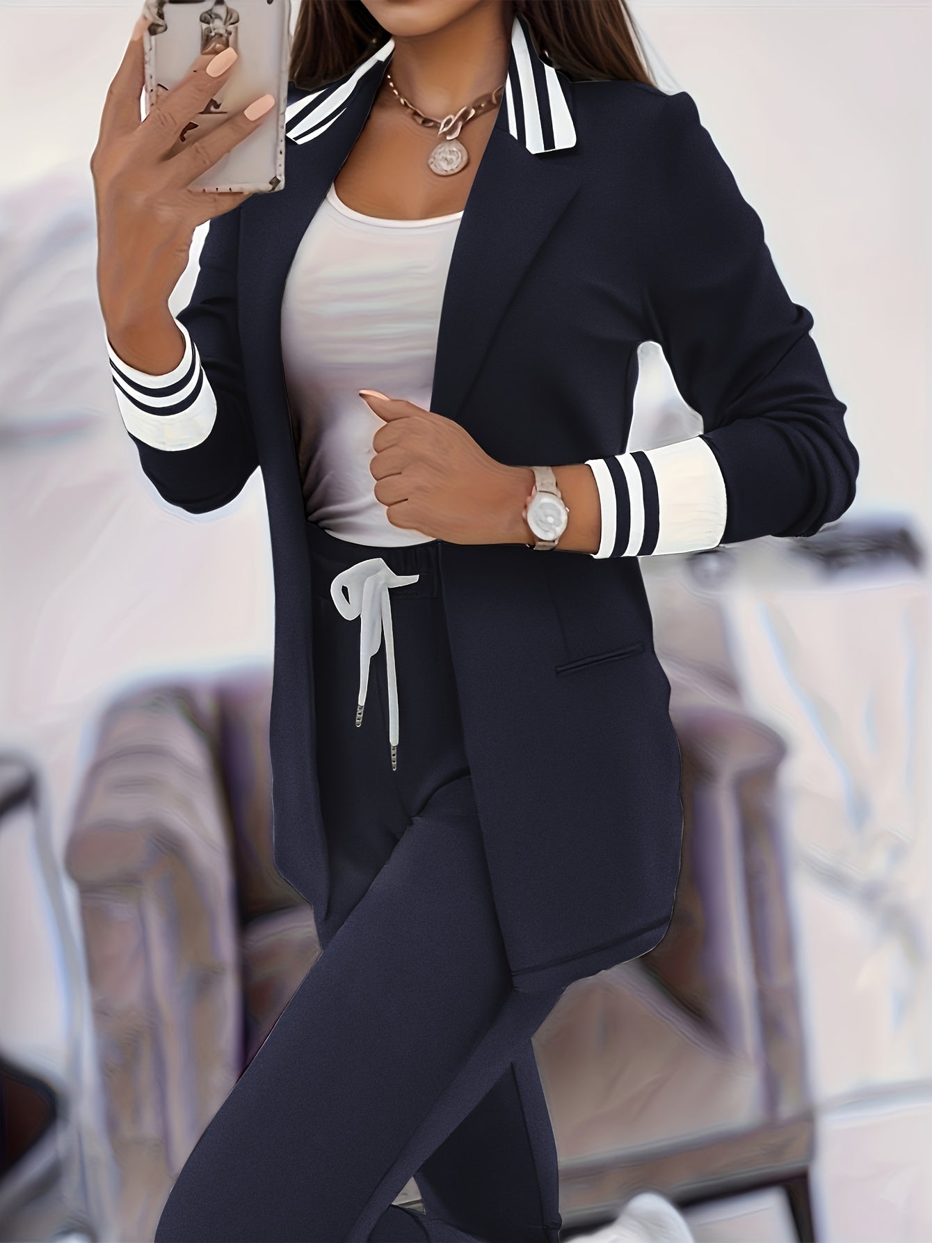 LS SHOP – Ensemble Blazer et Pantalon Beige Élégant | Col Revers, Manches Longues et Poches