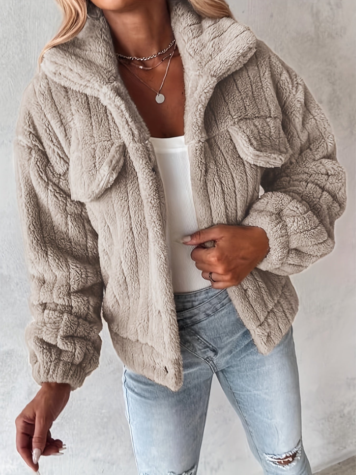 LS SHOP – Veste Teddy Décontractée pour Femme avec Fausses Poches | Polyester Confortable Automne/Hiver