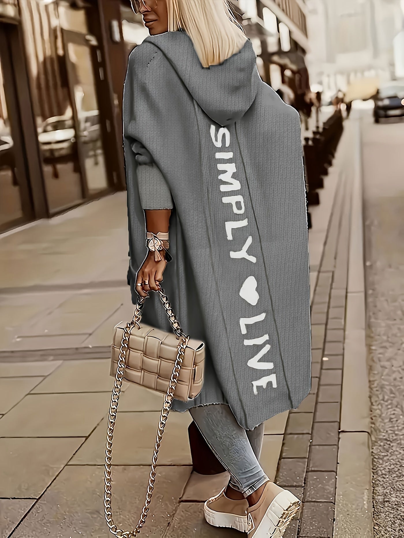 LS SHOP – Gilet à Capuche Décontracté pour Femme | Col V, Motif Lettres, Manches Longues Automne/Hiver