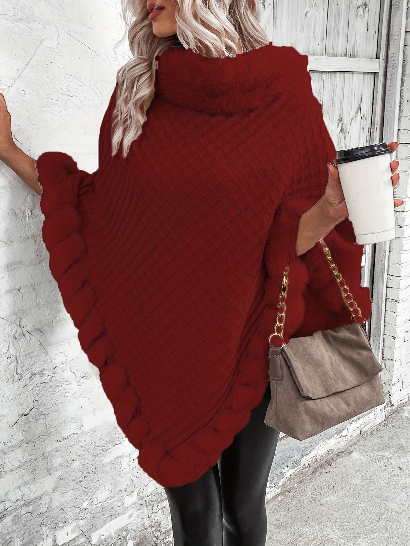 « LS-SHOP 🍁 Cape-Cardigan Femme Oversize – Col Fausse Fourrure, Ourlet Volanté, Marron & Gris | Cozy Automne/Hiver | ls-shop-cape-cardigan »