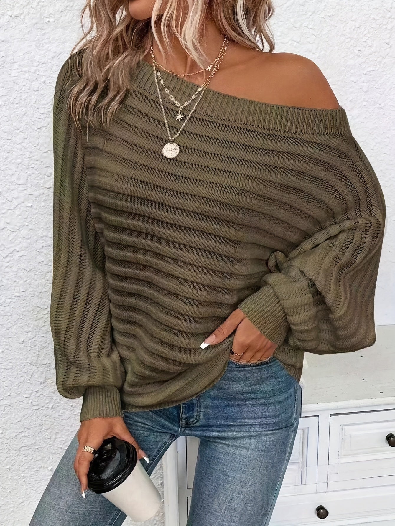« LS-SHOP ✨ Pull Épaules Dénudées Femme – Chic, Couleur Unie, Pull Confortable en Acrylique à Manches Lanternes | ls-shop-pull-femme-chic »leeves, Casual & Stylish, Perfect for Fall/Winter - Hand Washable