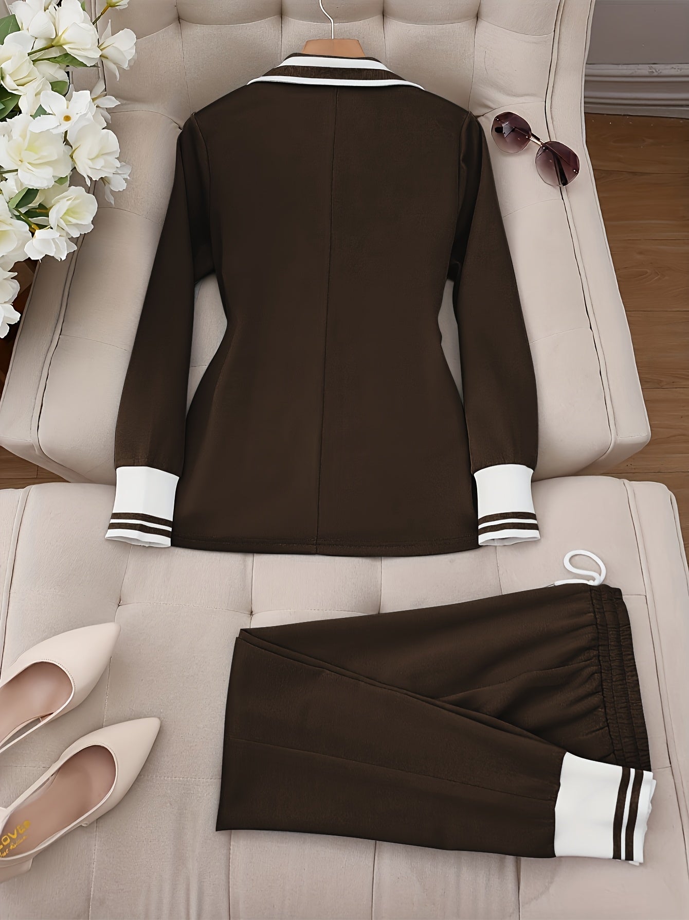 LS SHOP – Ensemble Blazer et Pantalon Beige Élégant | Col Revers, Manches Longues et Poches