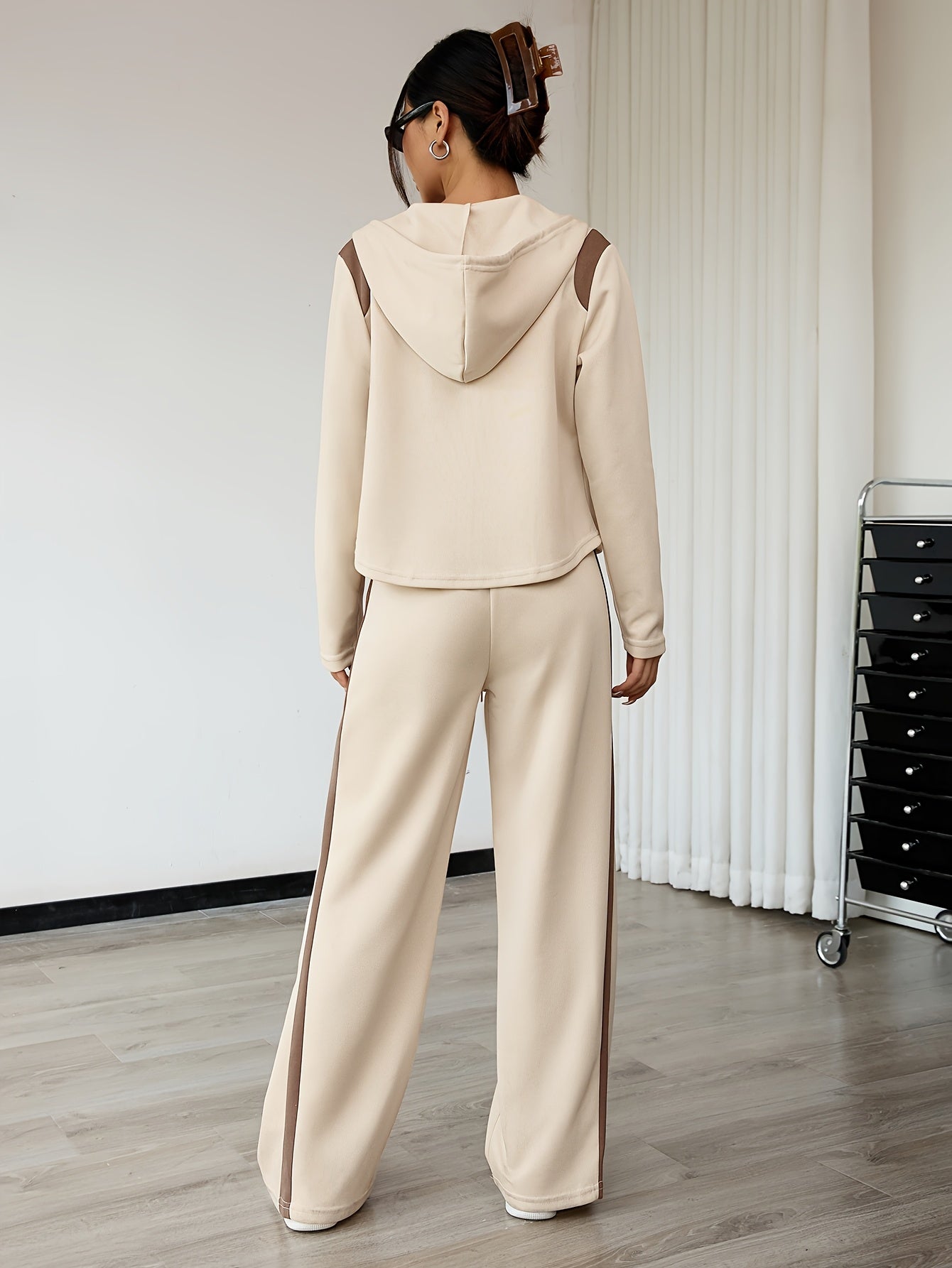 LS SHOP – Ensemble Deux-Pièces Femme Printemps/Automne | Haut à Manches Longues Zippé et Pantalon Droit avec Capuche et Cordons