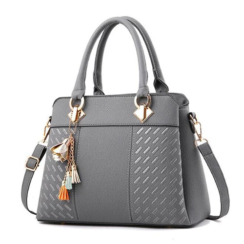 Sac à Main pour Femmes – Tote en PU Cuir avec Pompon et Broderie, Sac à Poignée, Bandoulière et Crossbody, Style Simple et Élégant