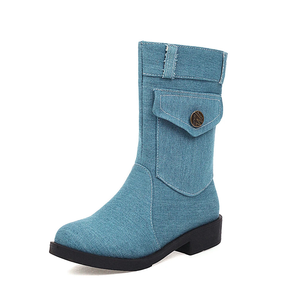 🥿 LS SHOP – Bottes Femme 2025 🤍 Denim Mi-mollet, Talons Plats & Zip Chic 👢