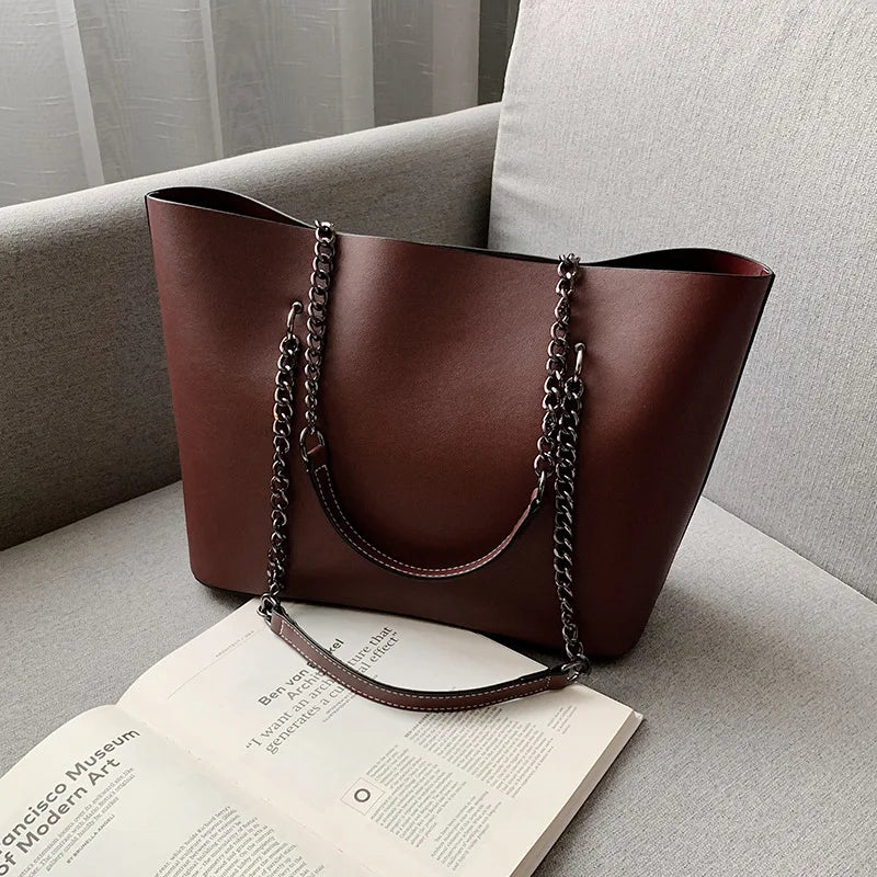 Sac à bandoulière en PU cuir style luxe pour femmes – Grand sac à main avec chaîne, grande capacité, idéal voyage et shopping
