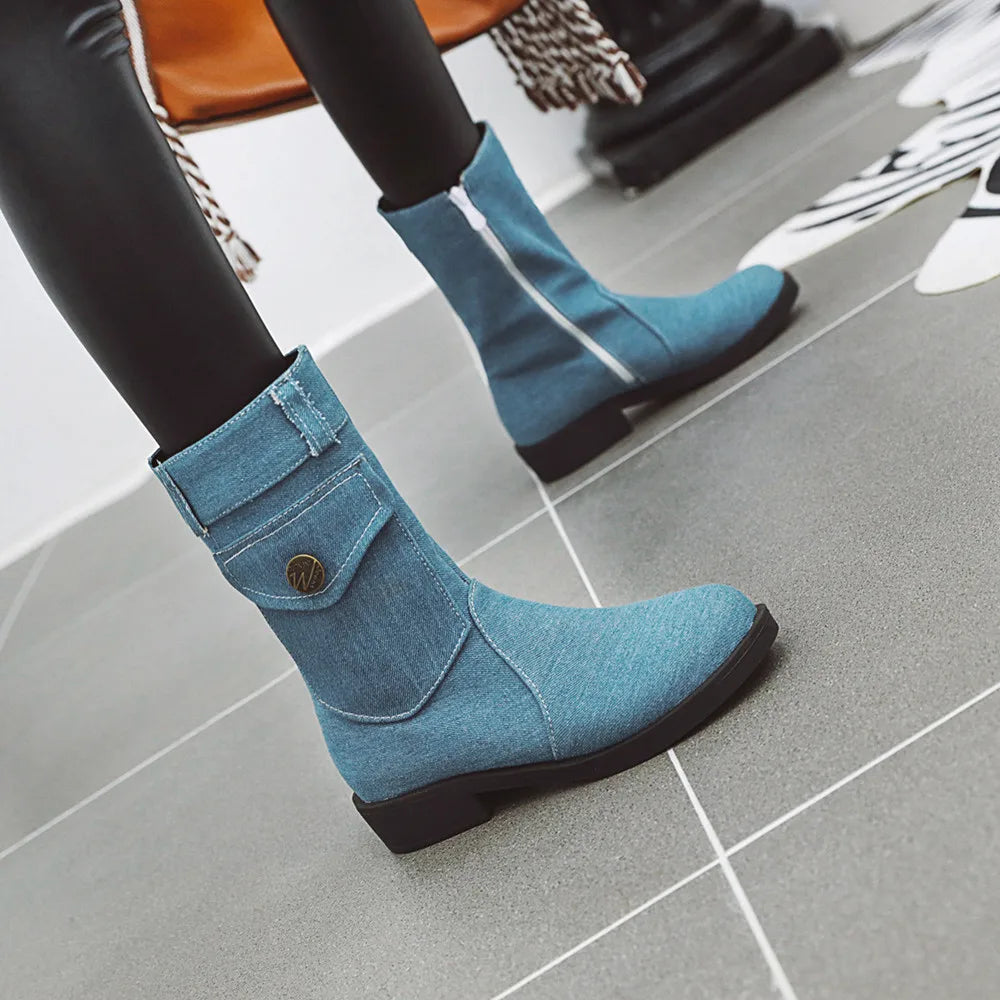 🥿 LS SHOP – Bottes Femme 2025 🤍 Denim Mi-mollet, Talons Plats & Zip Chic 👢