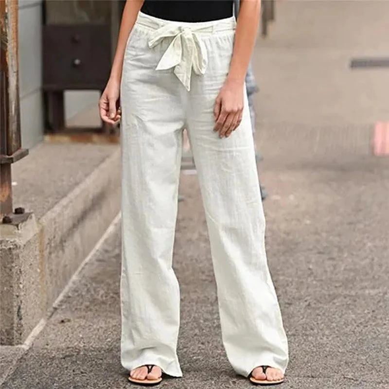 Pantalon femme 2025 en coton et lin, style été, taille élastique, coupe droite ample, couleur unie, longueur cheville, décontracté.