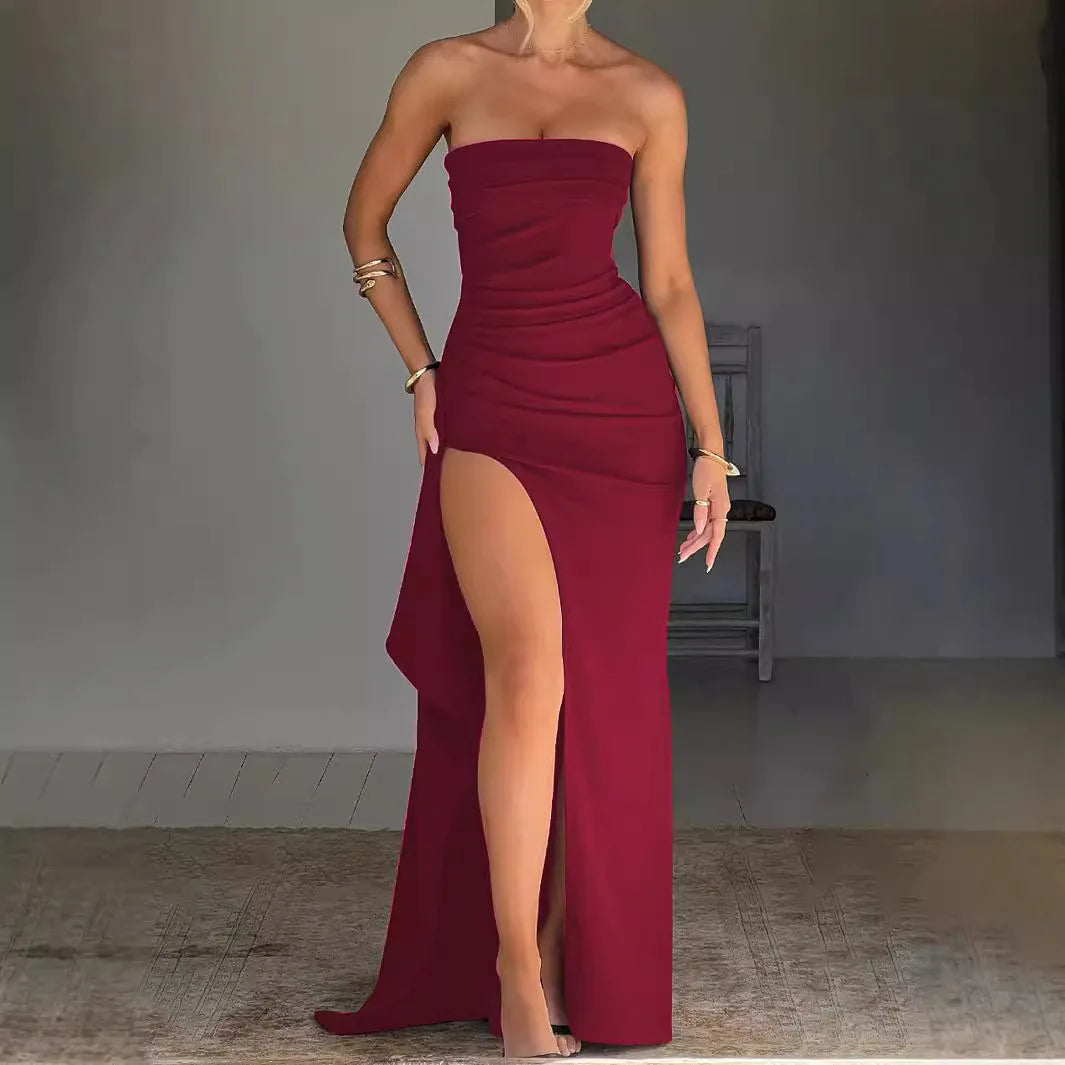 Robe Longue Femme 2025 – Dos Nu, Fendue, Sans Bretelles, Élégante et Sexy