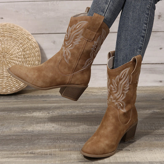 "Bottes Western Femme à Broderies – Style Automne, Bout Pointu, Talon Épais, Hauteur Genou"