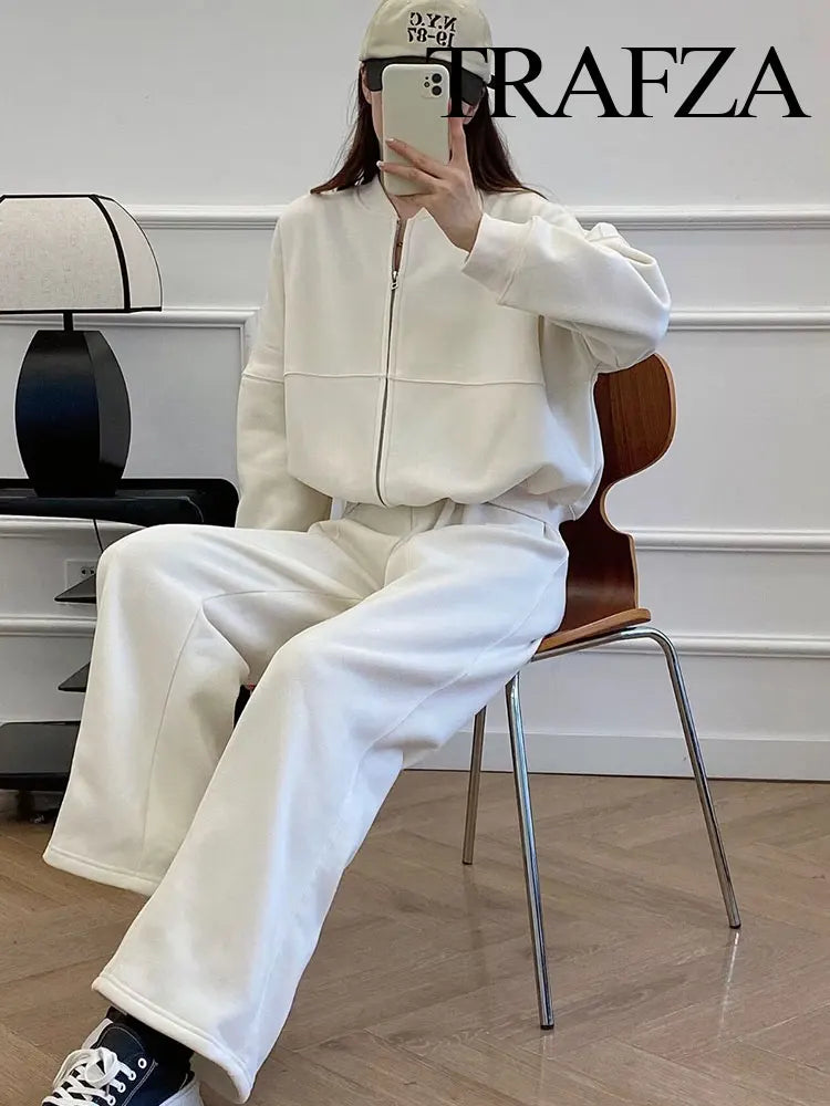 Ensemble Femme 2 Pièces – Bomber Zippé & Pantalon Large Taille Haute