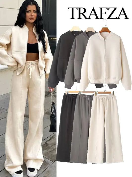 Ensemble Femme 2 Pièces – Bomber Zippé & Pantalon Large Taille Haute