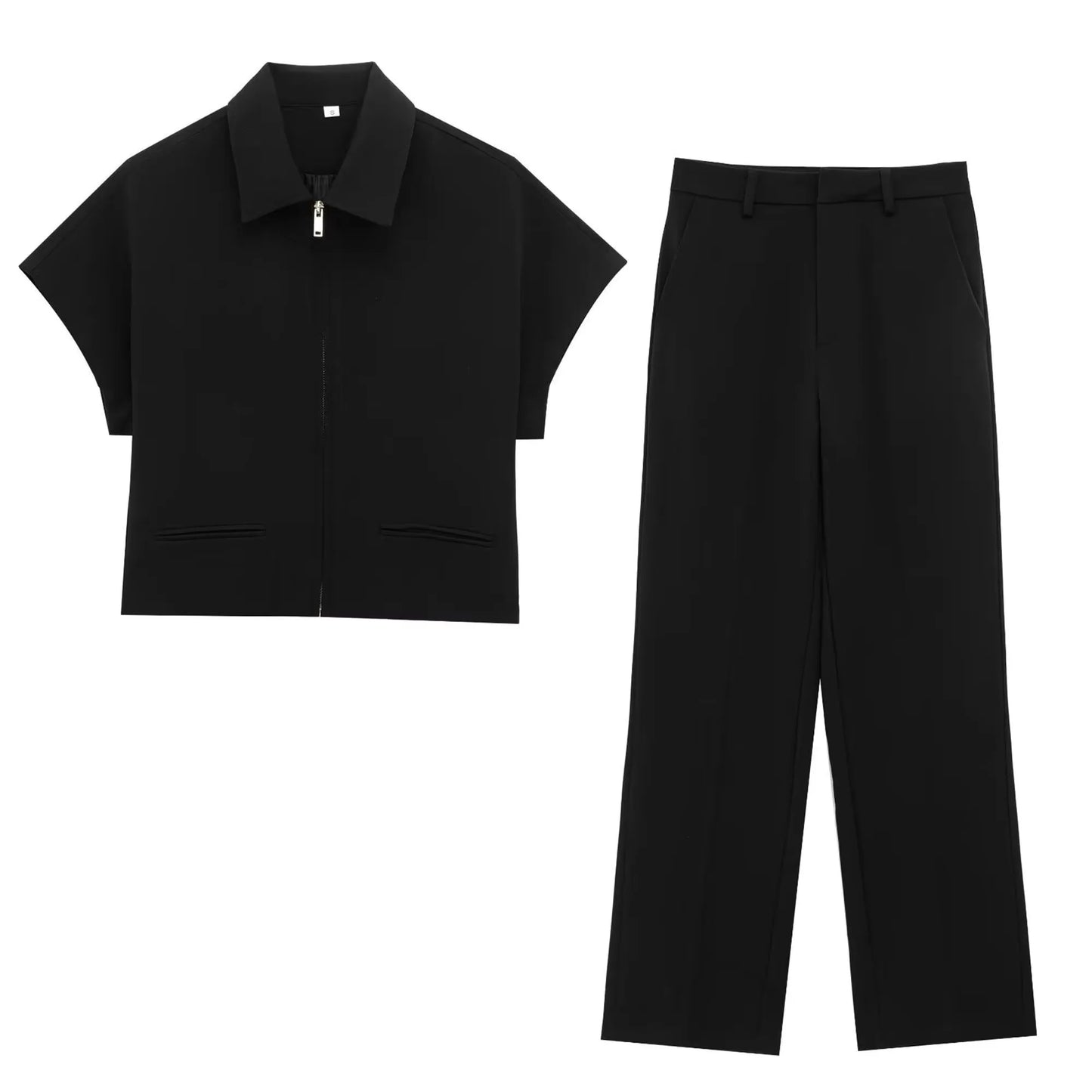 LS SHOP – Ensemble Femme  2025 : Veste Courte Slim à Col Revers + Pantalon Large – Deux Pièces Noir Décontracté