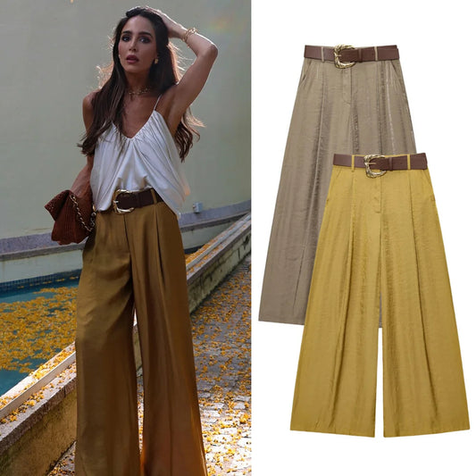 Pantalon Large Femme LS SHOP – Satin Texturé, Ceinturé, Élégant et Casual